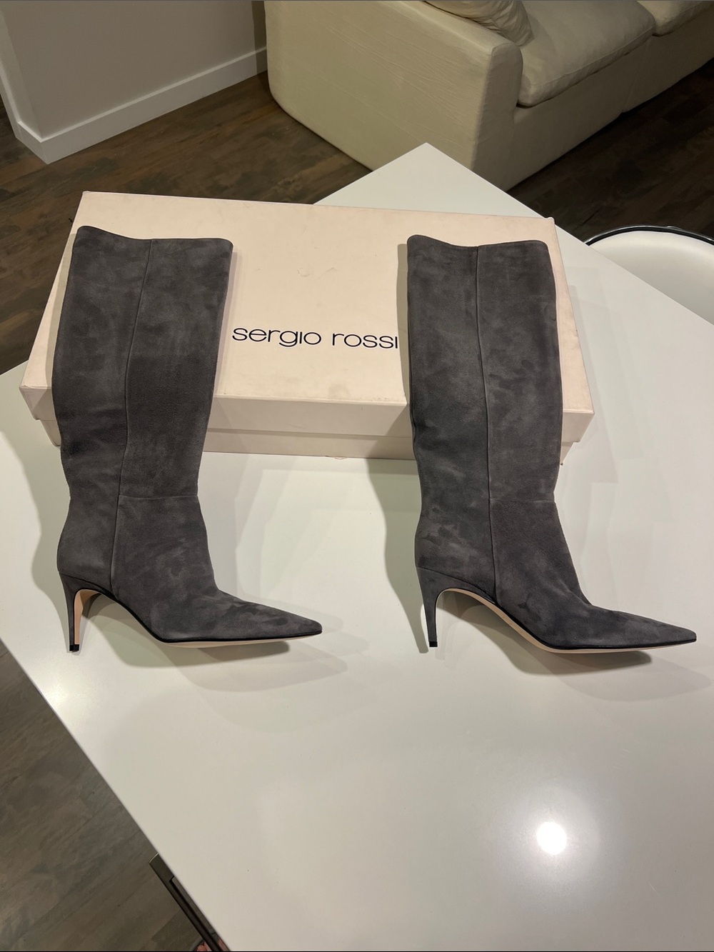 Sergio Rossi scarpe donna pointed toe heeled long boot gray suede leather 39